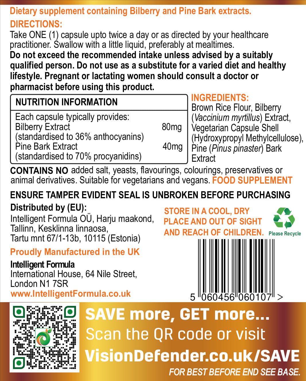 Intelligent Formula Vision Defender BP Eye Health Supplement – Eye Pressure, Circulation & Retinal Support – Plant-Based Natural Bilberry & Pine Bark Extracts Packed with Antioxidants – 60 Vegan Capsules – Made in UK