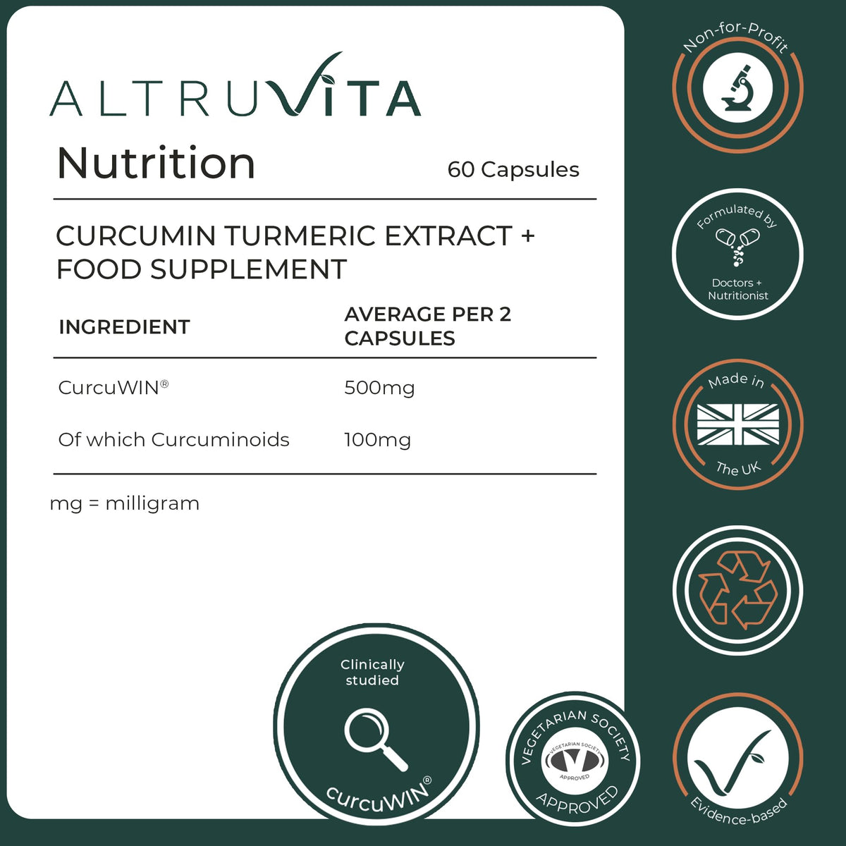 Altruvita AltruVita Curcumin Turmeric Extract, 60 Capsules - High Strength CurcuWIN® 46x Absorption Supplement - Vegan, Expert Formulated for Joint and Digestive Wellness Support - Made in the UK