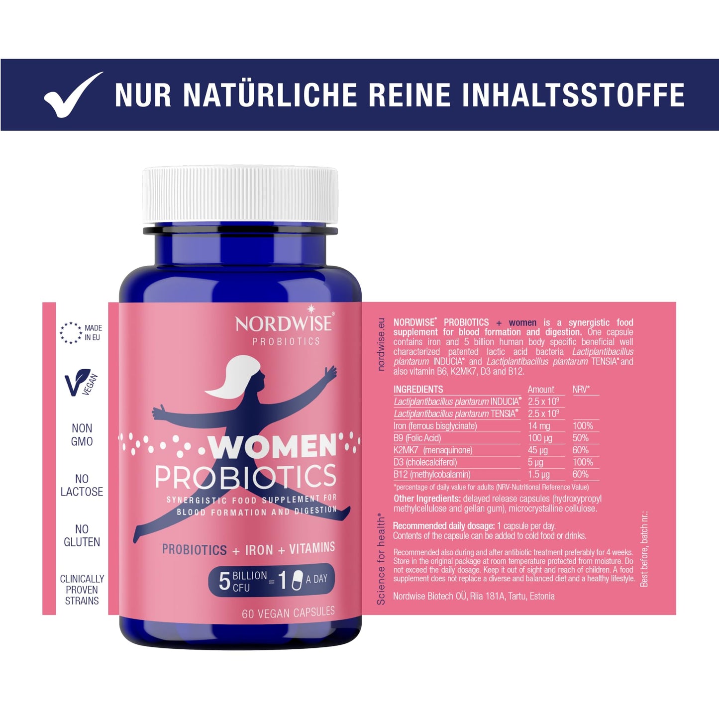 Probiotics for Women by Nordwise - Upgrade Your Gut Health I Pure Vegan Formula I Effective 5 Billion CFU I Made in EU I 60 Capsules I 2-Month Supply