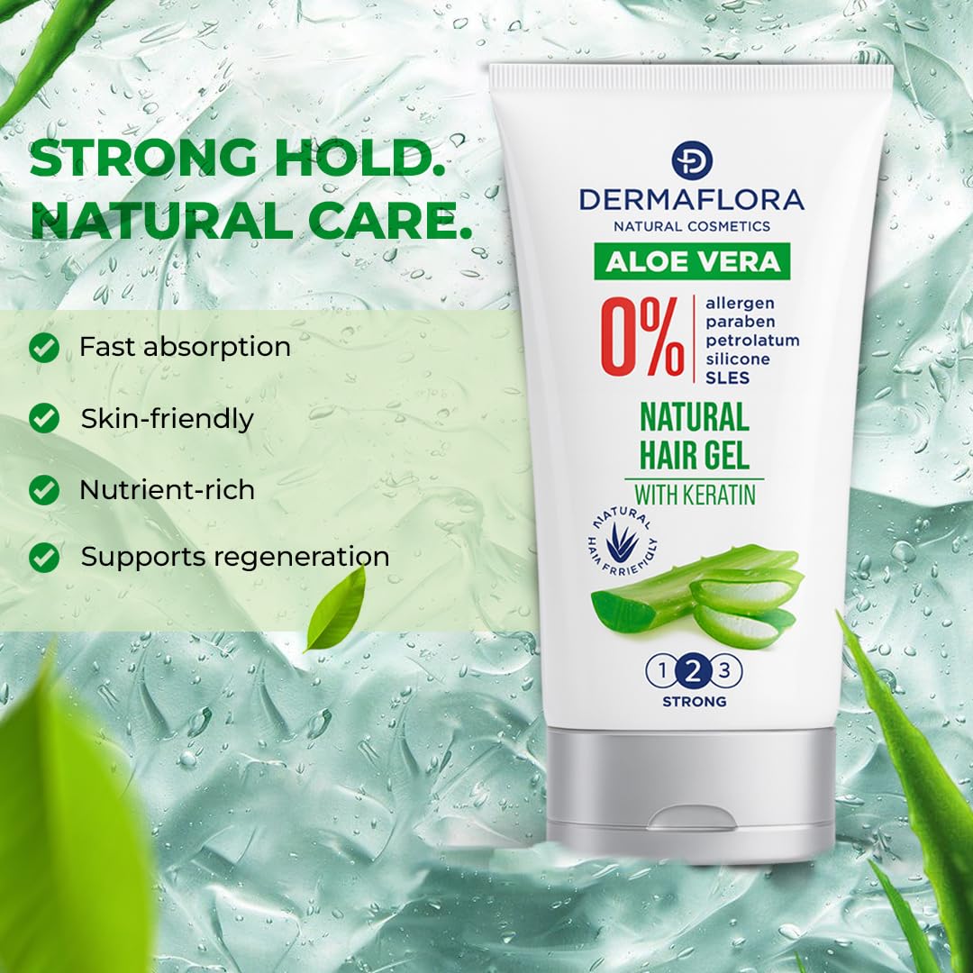 Dermaflora Natural Aloe Vera Gel for Hair with Keratin – 150ml | Lightweight Styling Gel for Men & Women | Flexible Hold, Moisturizing, Non-Flaky Formula, Paraben-Free & Allergen-Free