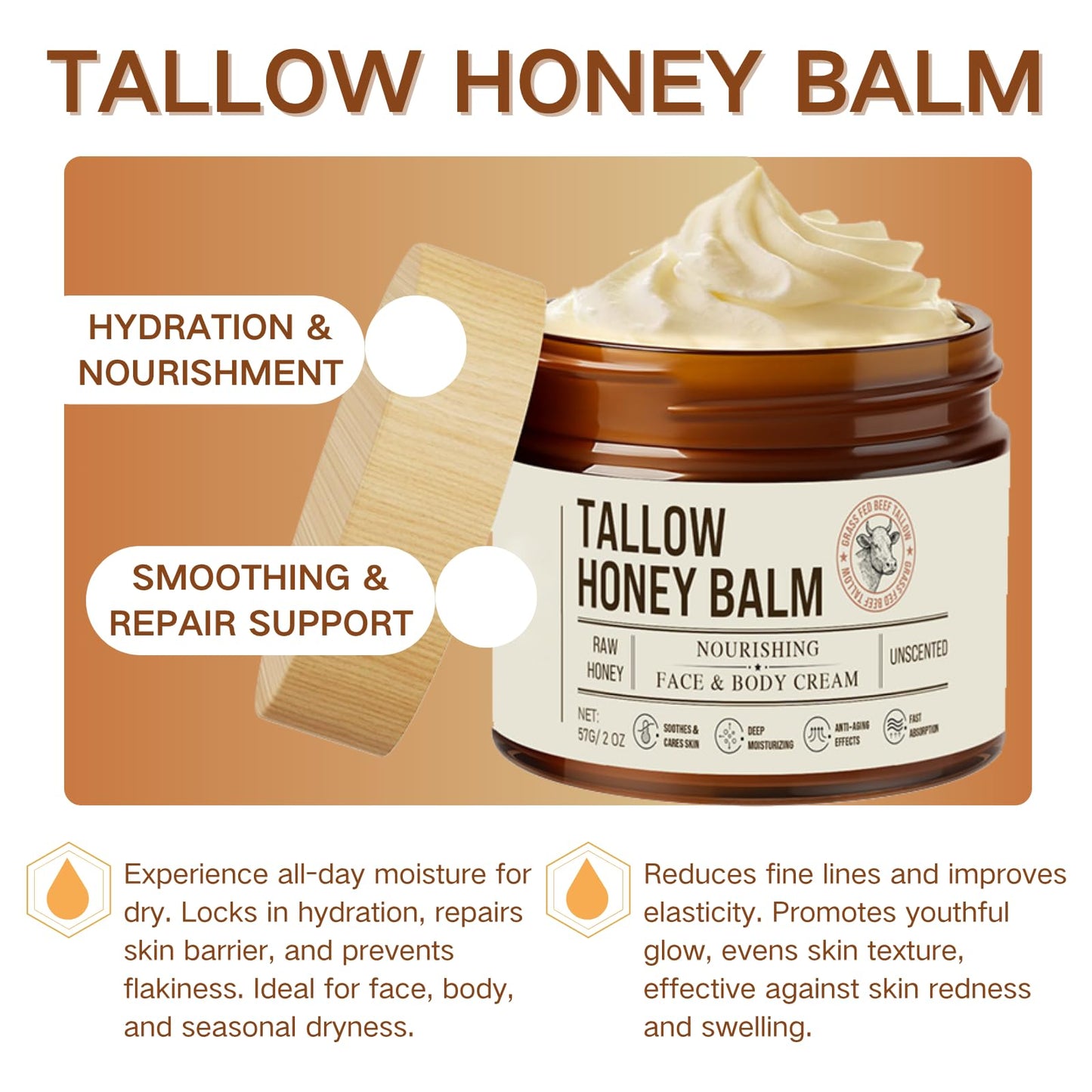 Cureluxe Body Moisturiser & Face Cream with Natural Beef Tallow,Beef Tallow Honey Blam for Face & Body Care,Smooth Skin,Deep Hydration & Nourishment,Day Cream for All Skin Types,57g