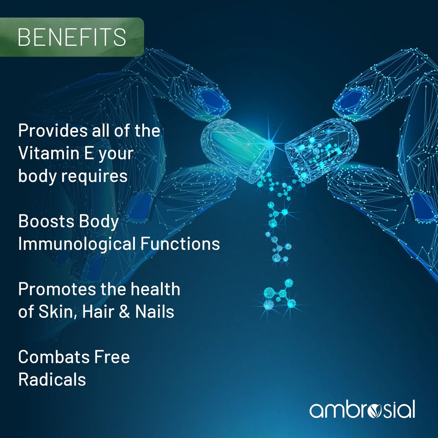 Ambrosial Vitamin E Capsules for Skin & Face VIT E 400 IU| Natural & Pure Vitamin E Oil Capsules |Highly Absorbable & High Strength| Hair Skin & Nail Vitamins for Women & Men (Pack of 1-60 Softgels)