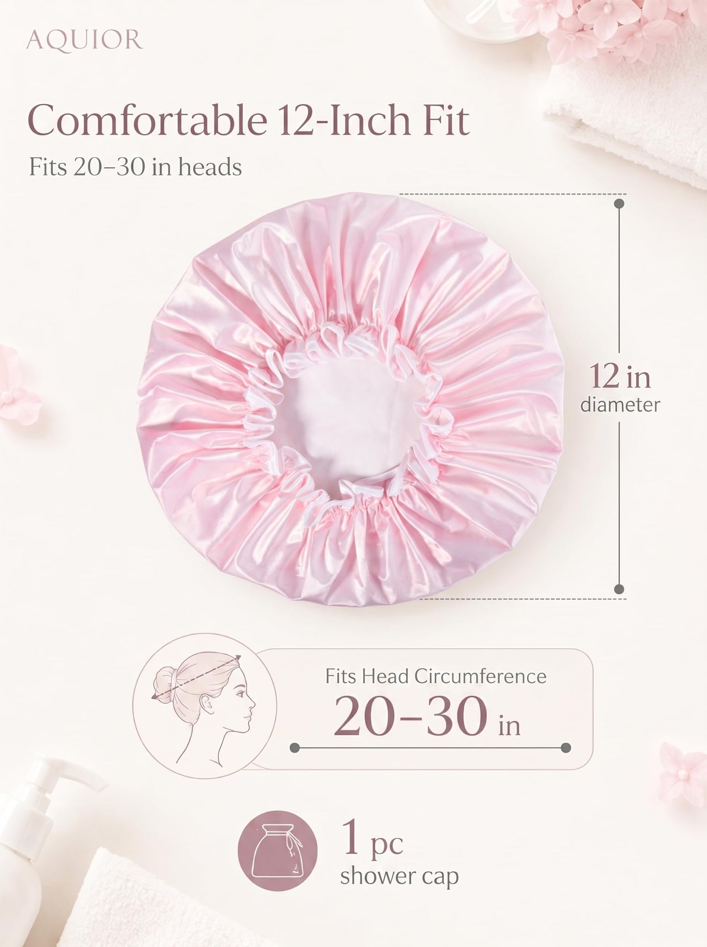 Aquior Shower Cap Reusable Shower Cap for Women Double Layer Waterproof Large Size for All Hair Lengths for Girls Spa Home Salon (Pink Cloud)