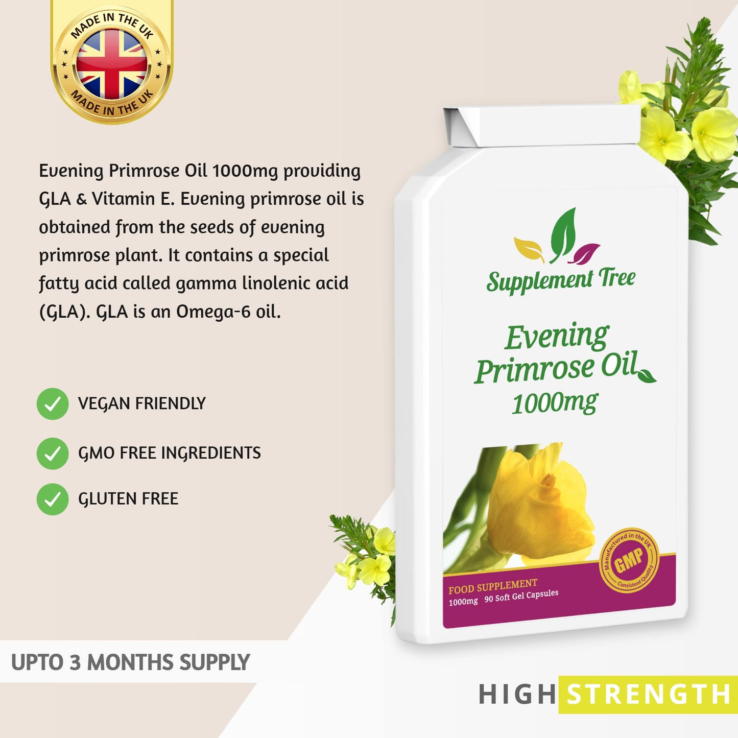 Supplement Tree Evening Primrose Oil EPO 1000mg 90 Capsules | Vegan Cold Pressed Supplement | Provides GLA & Vitamin E | 100% Quality Satisfaction Guarantee