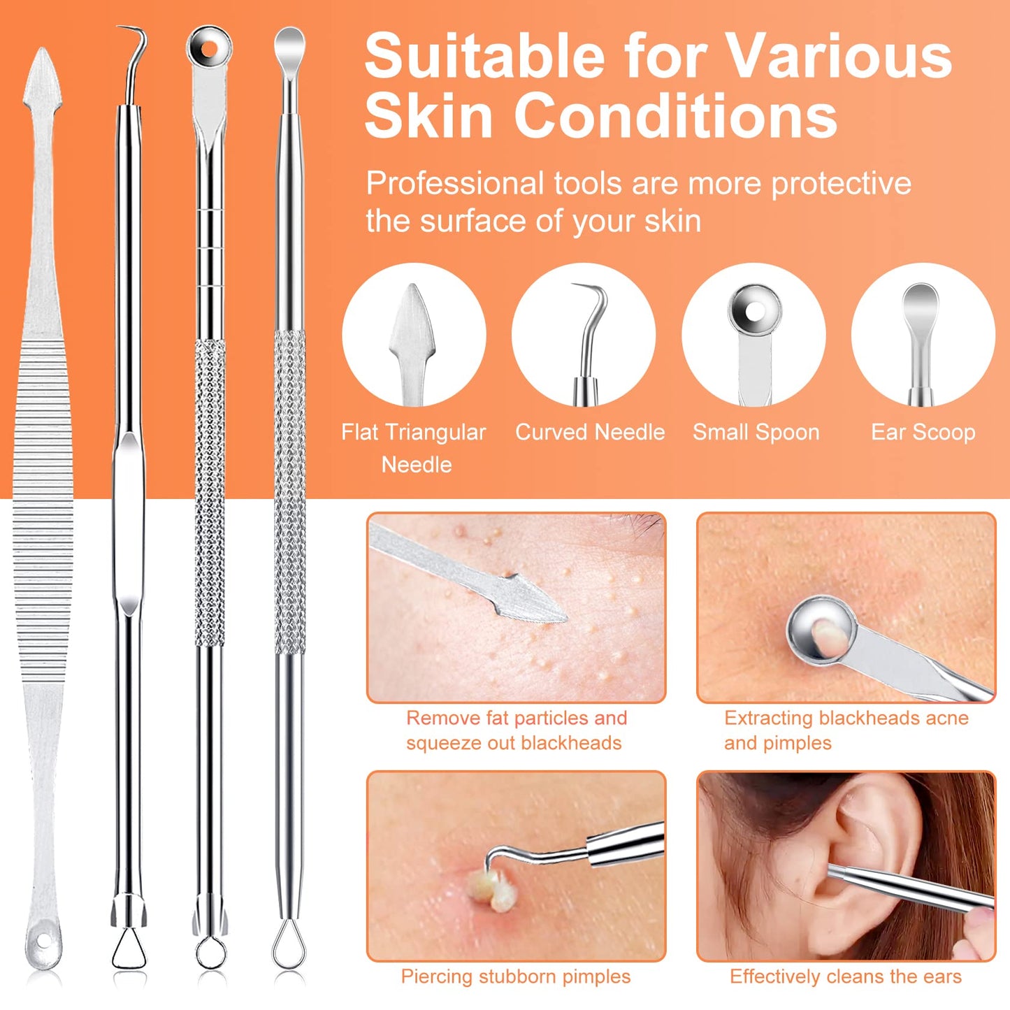 Blackhead Remover Tool Kit, IUMAKEVP 15 PCS Professional Stainless Steel Pimple Popper Comedone Extractor Tools for Removing Pimple, Blackheads, Zit on Face - Acne Removal Kit with Metal Case(Silvery)