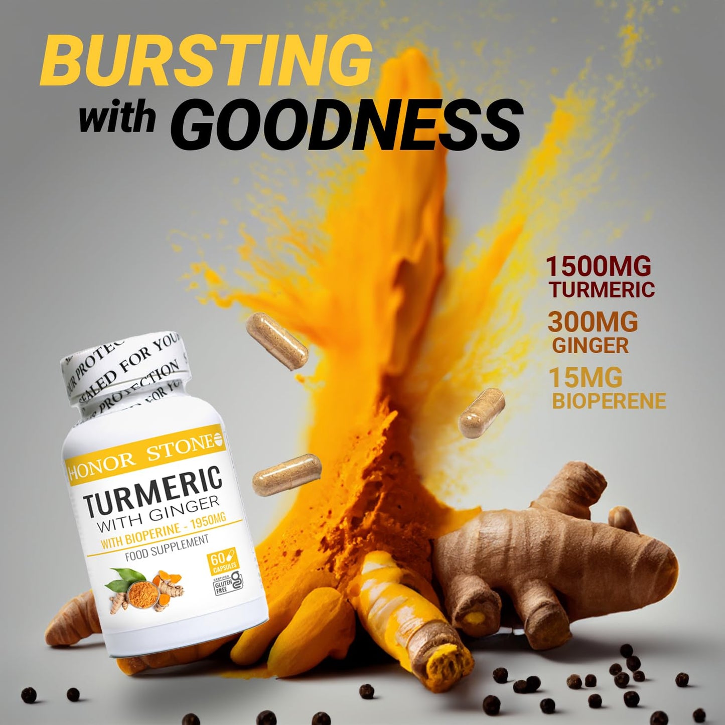 Honor Stone Turmeric Capsules with Ginger and Black Pepper Extract - High Strength - 1950mg - Vegan - Gluten Free - 60 Capsules. Turmeric 95% Curcuminoids 150mg.
