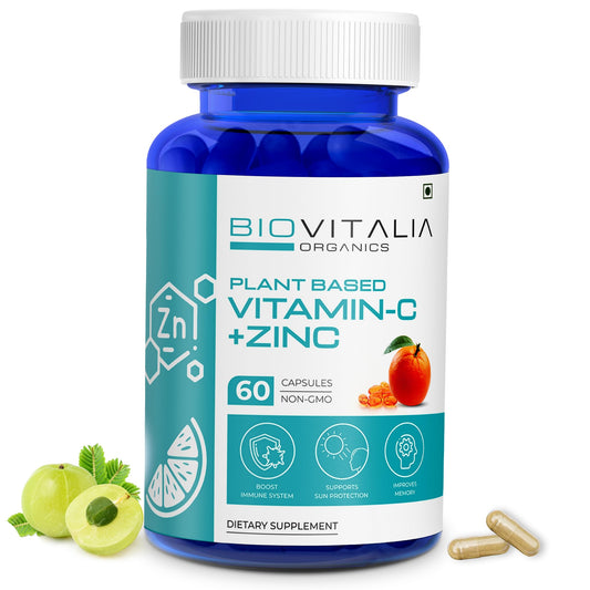 BIOVITALIA ORGANICS Biovitalia Plant Based Vitamin C + Zinc Capsules for Men & Women |Promote Immunity|Enriched with Antioxidant |Support for Overall Health and Wellness - 60 Veg Capsules