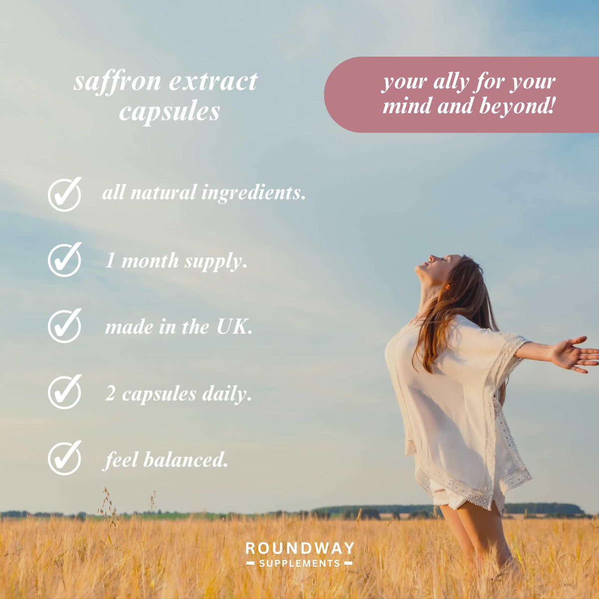 Saffron Supplement | 2000mg High Strength Extract Capsules for Mood Balance & Energy | 60 Capsules, 1 Month Supply | Made in The UK by Roundway Supplements