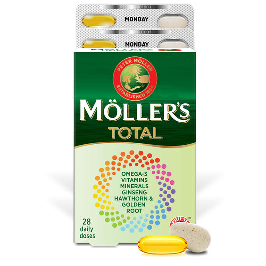 Moller’s ® | Möller's Total | Complete Daily Supplement | Nordic Omega-3 Dietary Supplement with EPA and DHA | Broad Spectrum of Vitamins and Minerals | Ginseng, Hawthorn & Golden Root | 56 Capsules