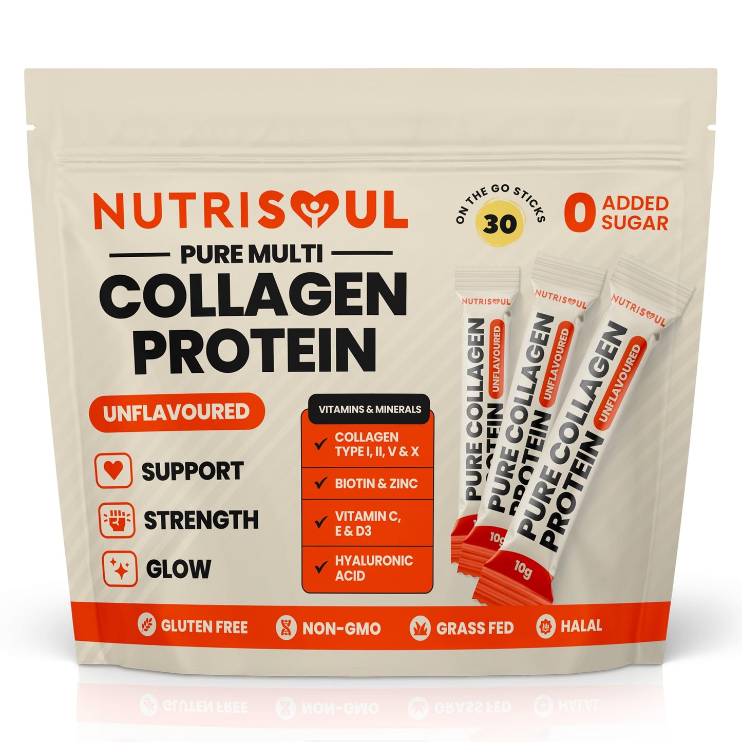NUTRISOUL Multi Collagen Powder | 30 Pack | 100% Natural, Hydrolysed Bovine & Marine Collagen Peptides Types I, II, III, V & X | 8 Essential Amino Acids | Halal, Kosher & Gluten Free
