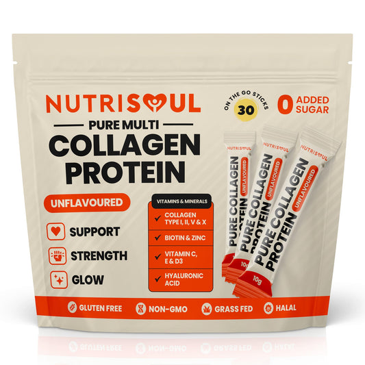 NUTRISOUL Multi Collagen Powder | 30 Pack | 100% Natural, Hydrolysed Bovine & Marine Collagen Peptides Types I, II, III, V & X | 8 Essential Amino Acids | Halal, Kosher & Gluten Free