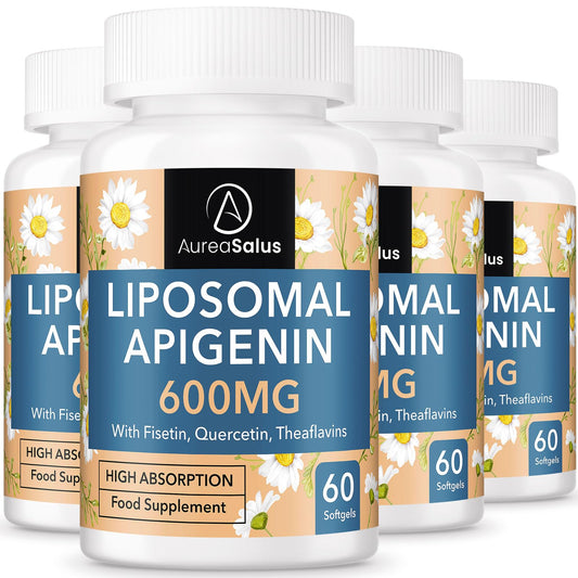 AureaSalus Liposomal Apigenin 600mg, Extra Strength Apigenin Supplement with Fisetin, Quercetin and Theaflavins for Sleep, Relaxation & Mood, Powerful Flavonoid & Antioxidants (60 Count (Pack of 4))