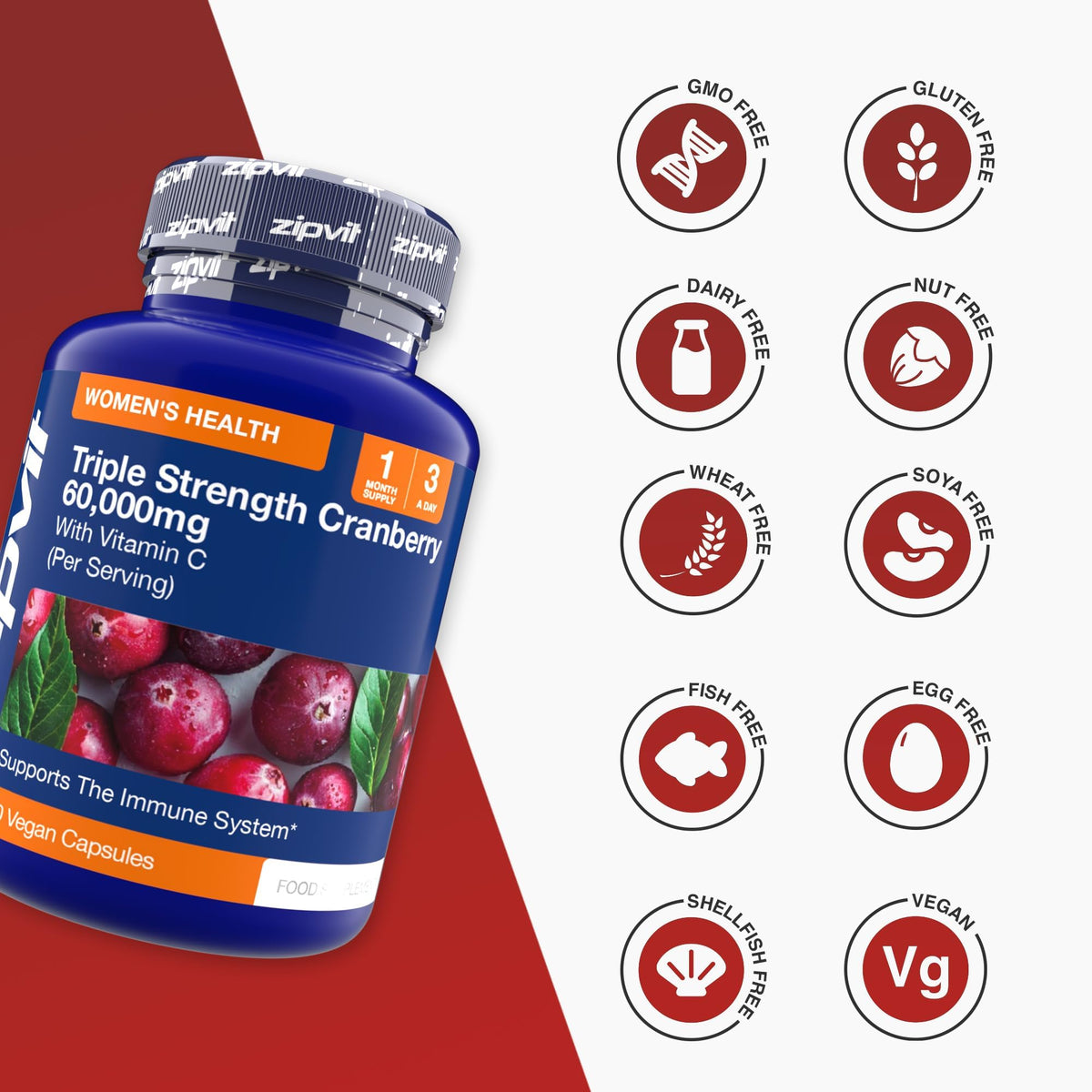 Zipvit Triple Strength Cranberry 60,000mg, High Strength Cranberry Extract with Vitamin C, 90 Vegan Capsules for Immune Support, 1 Month Supply, Supplement for Men & Women