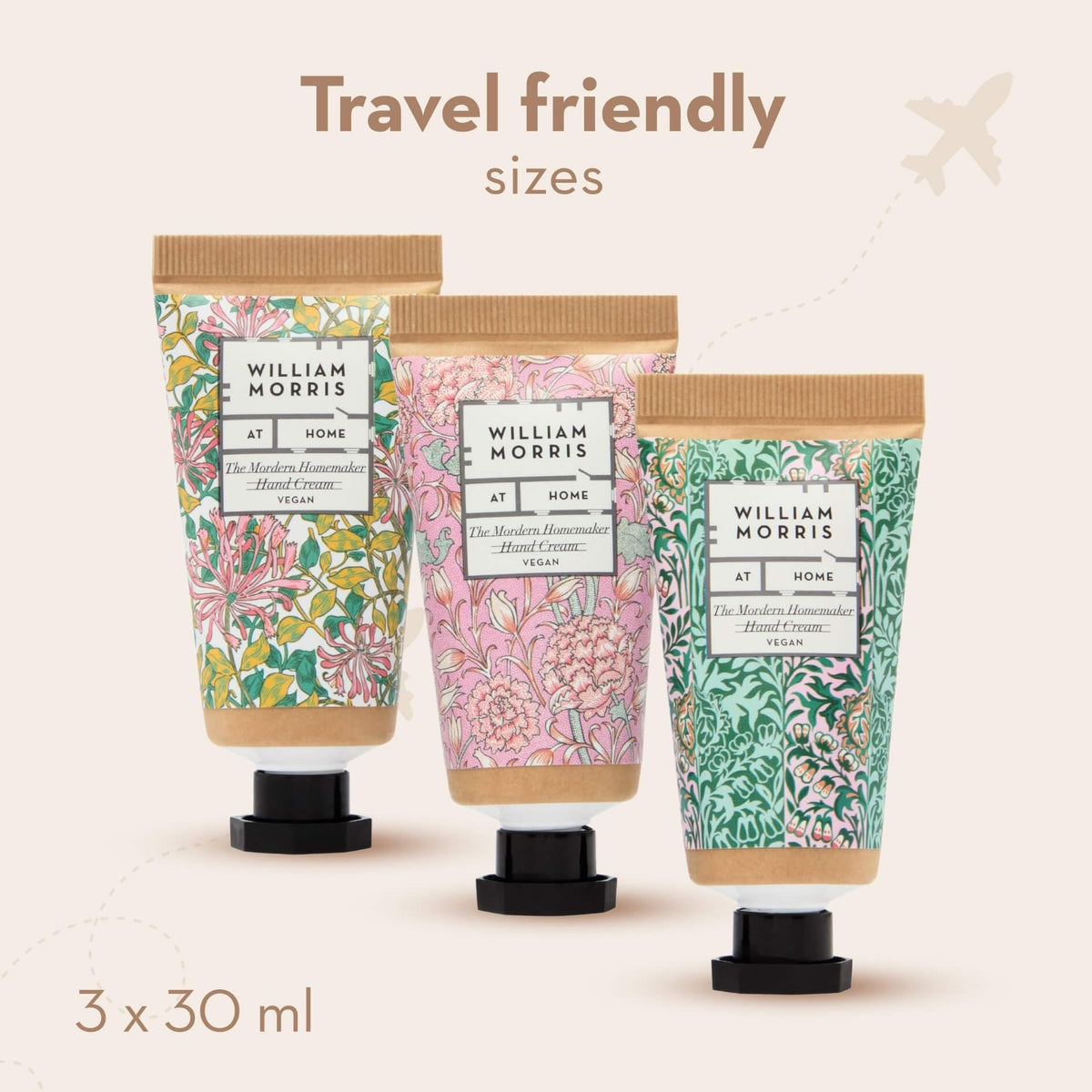 William Morris Hand Creams 3 x 30 ml, 3 Fresh Fragrances, Shea Butter and Jojoba Oil, Beauty Gift For Her, Travel Size Hand Moisturisers, Cruelty Free and Vegan Friendly