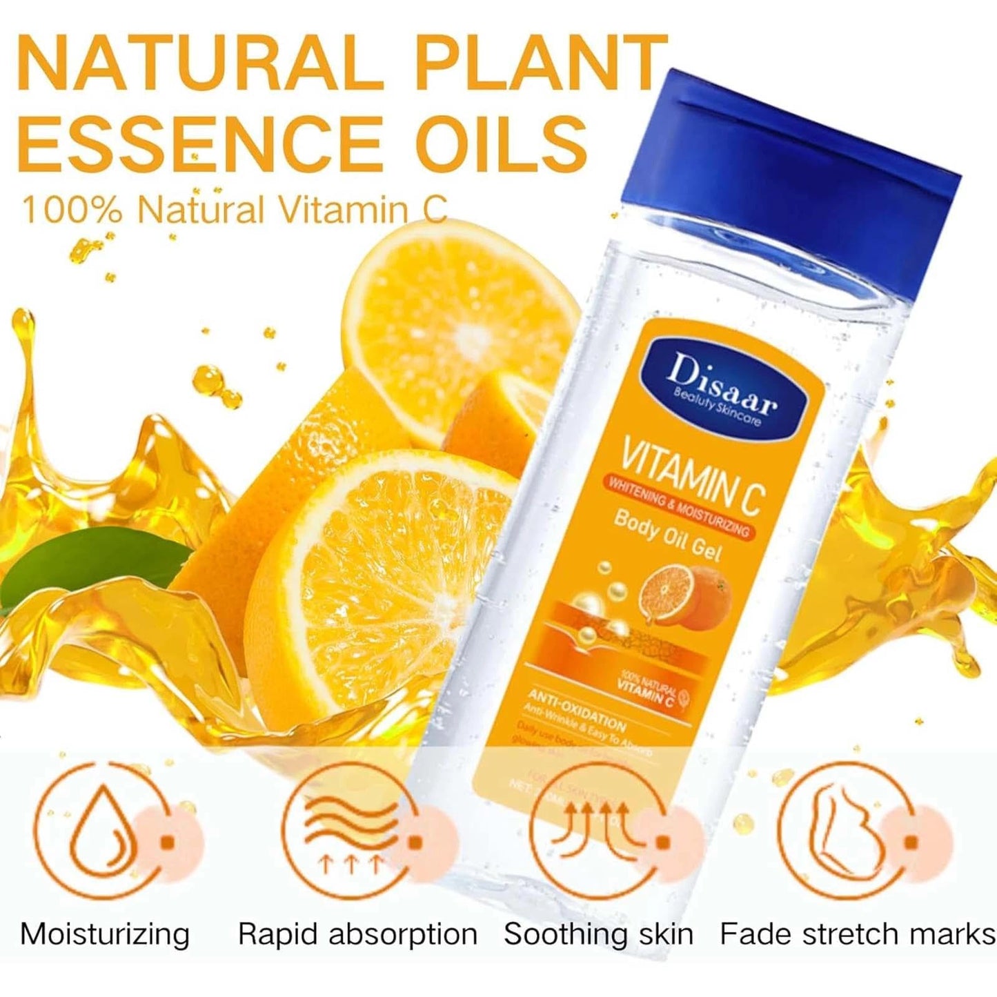 100% Vitamin C Facial & Body Oil Gel for Women - Essential Oils for Skin Care - Moisturizes, Nourishes, and Helps Wrinkles - Absorbs Easily - Massage Oil for Dry Skin