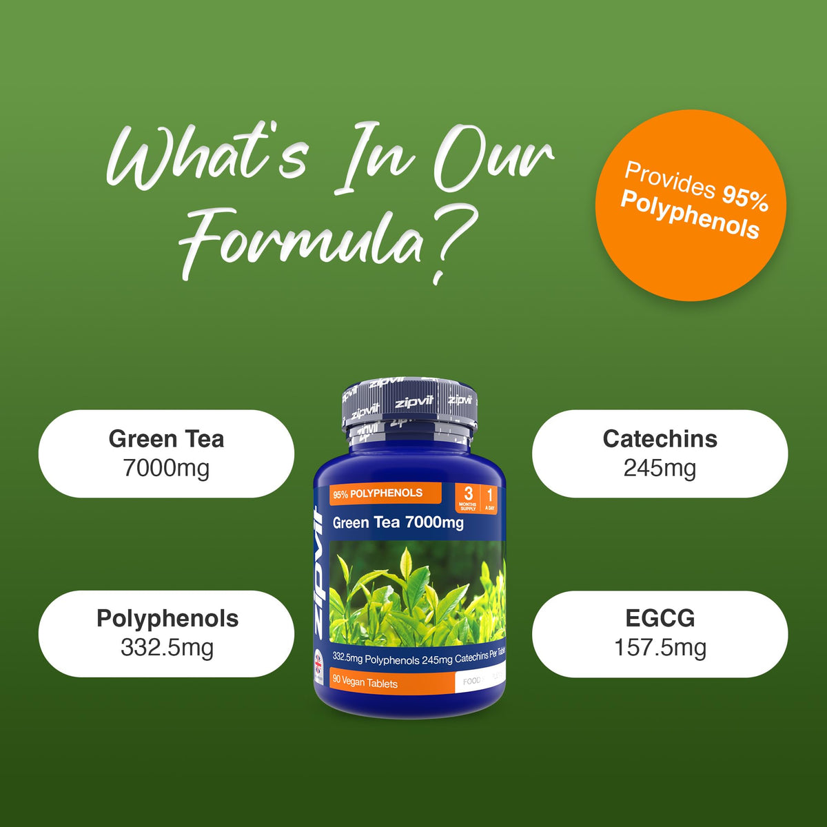 Zipvit Green Tea Extract 7000mg Antioxidant, 95% Polyphenols. 90 Vegan Green Tea Tablets. 3 Months Supply.