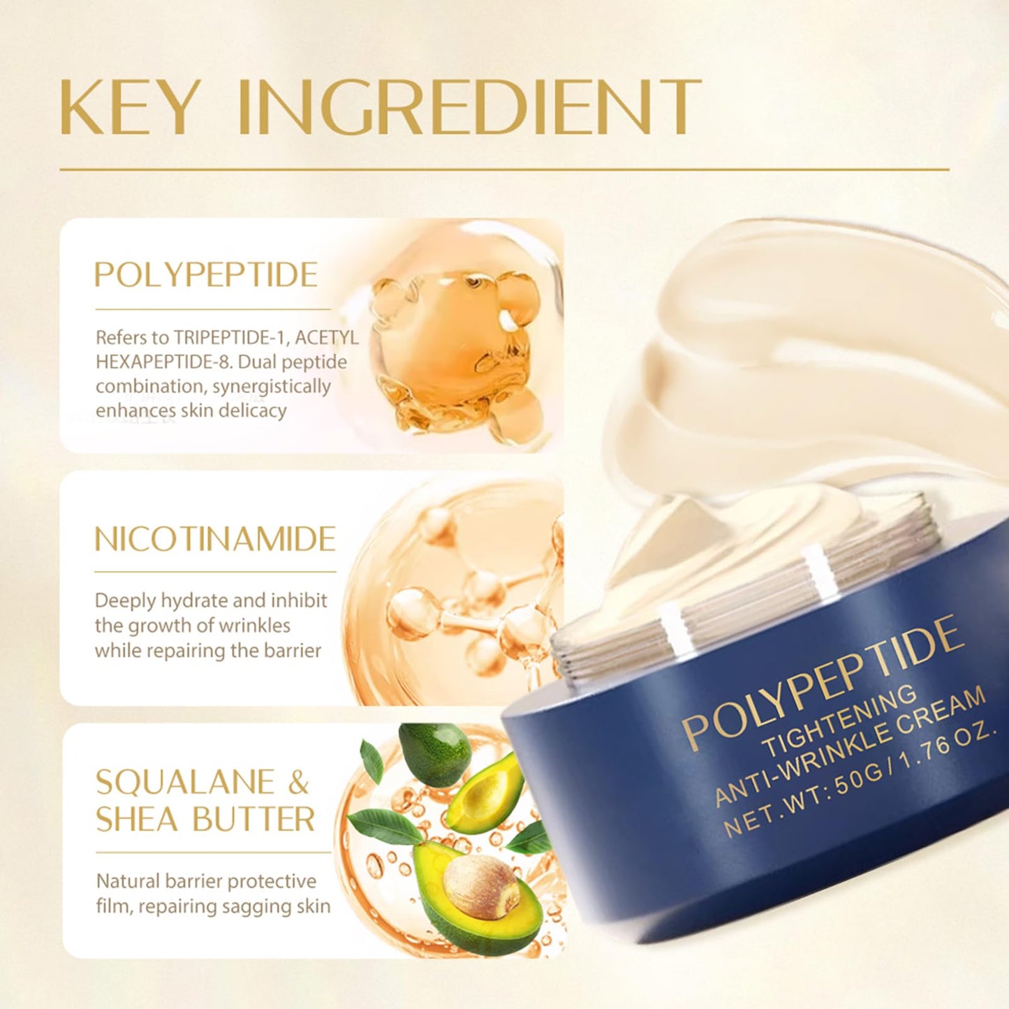 Wrinkle Removal Cream, Polypeptide Tightening Anti-Wrinkle Cream, Anti Wrinkle Face Cream, Face Moisturizer for Women, Wrinkle, Firming & Moisturizing, for All Skin Type (Wt:50g/1.76 Oz)