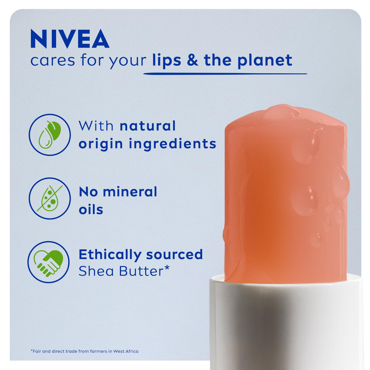 NIVEA Peach Shine Lip Balm (4.8g), Flavoured Lip Balm with Shea Butter, Natural Oils and Vitamins, Provides 24h Moisture and a Coral Shine, Vegan Lip Care Formula