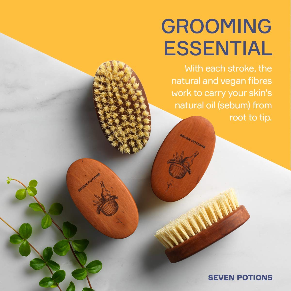 SEVEN POTIONS Seven Potions Vegan Beard Brush for Men — 100% Sisal Plant Fibre & Pear Wood — Firm Bristles to Gently Tame/Soften/Exfoliate – 100% Natural, Non-Synthetic