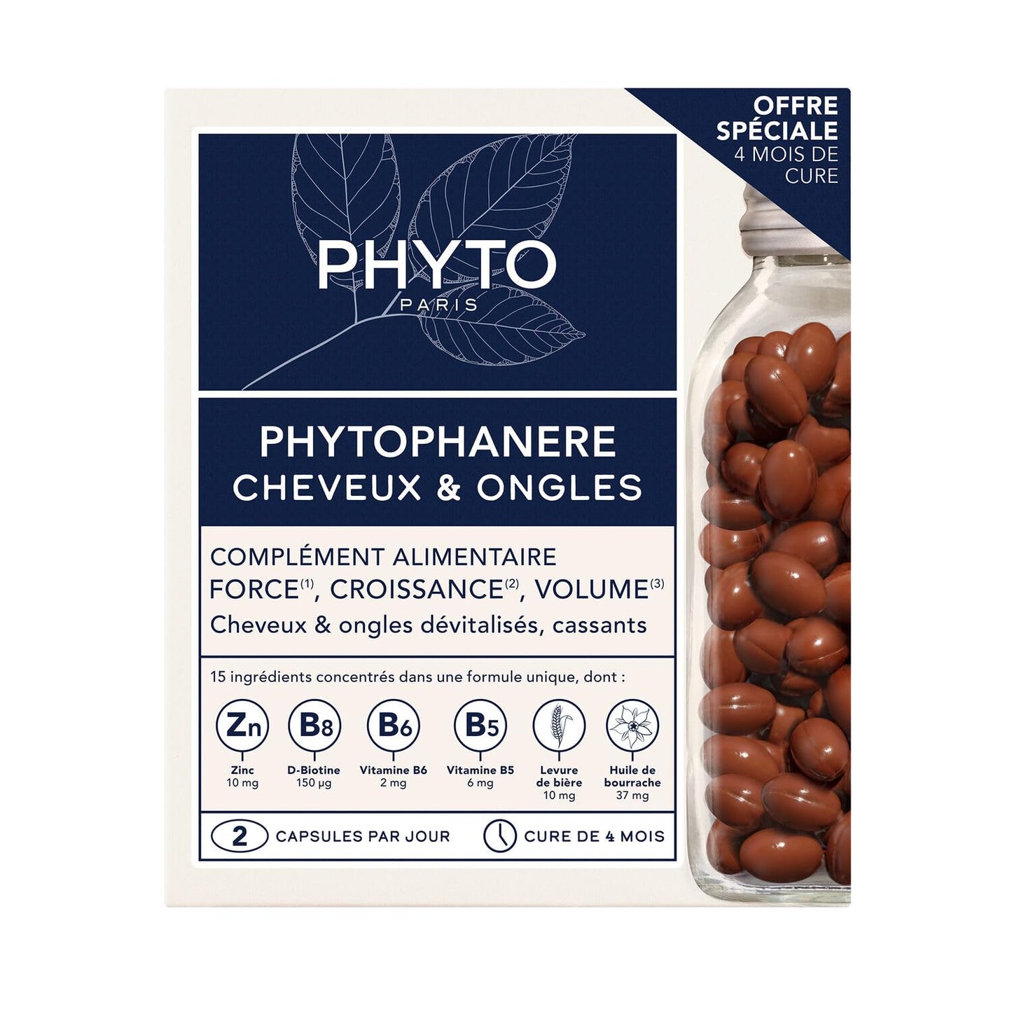 PHYTO 2x120 Capsules Phytophanere Natural Hair Loss, Nail & Skin Supplement for Men & Women Biotin & Vitamin B6 Enriched, Antioxidant-Rich Carrot & Vitamin E, Energy & Tissue Formation, 4-Month Supply