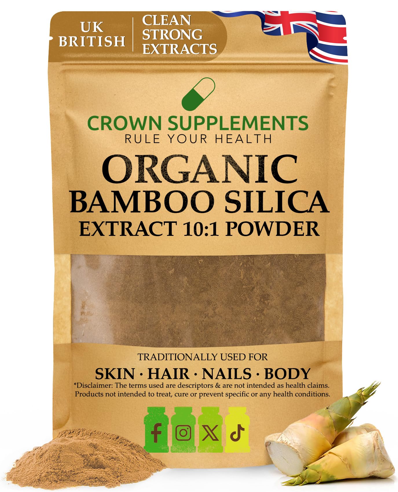 vegishake Organic Silica Extract 10:1| High Strength Naturally Sourced Silica Supplement | for Skin Health and Mobility | Vegan Capsules | from Bamboo Extract | UK Made (100G)