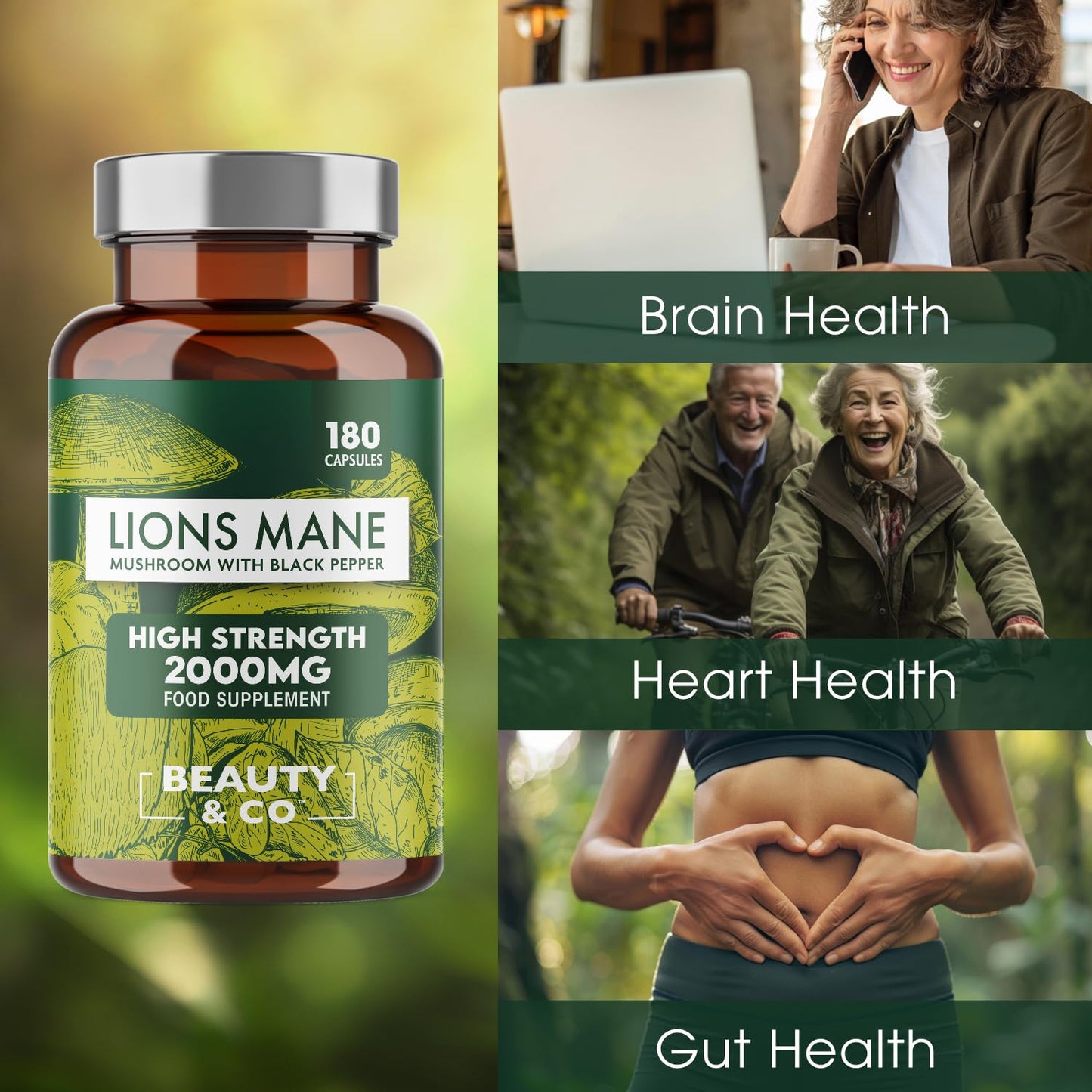 Lions Mane 2000mg with Black Pepper 180 Capsules - 6 months supply of High Strength Lions Mane from Beauty & Co Brand, 1 Capsule = 1 Serving, Vegan, Made in The UK.