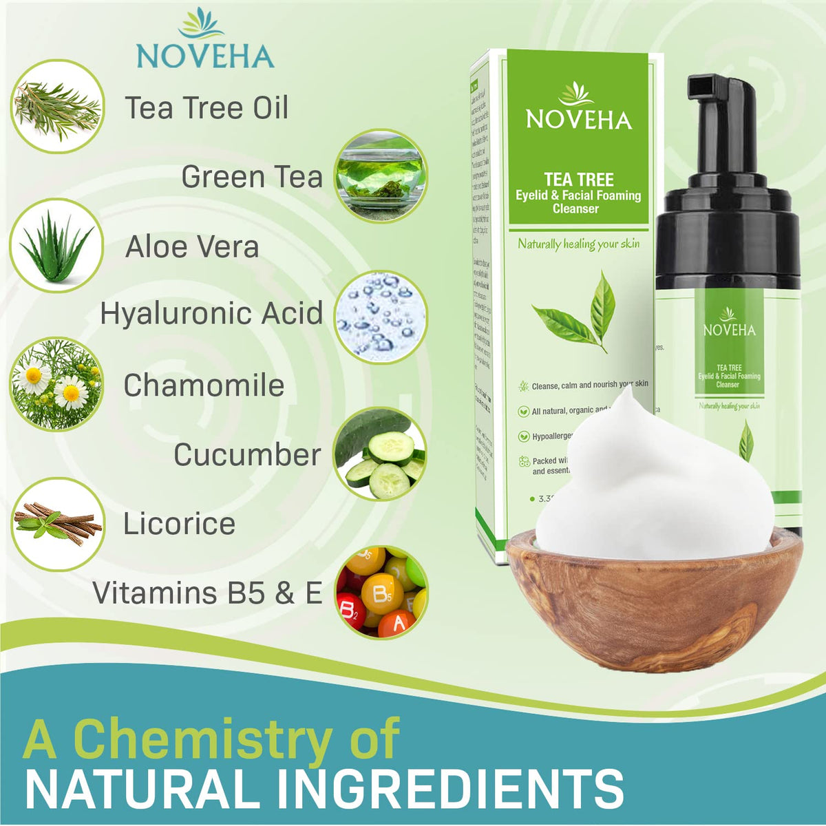 NOVEHA Tea Tree Eyelid Foaming Cleanser - Face Wash For Women | Eyelid Scrub For Dry Eye, Irritation | Preservative Free, Natural Ingredients