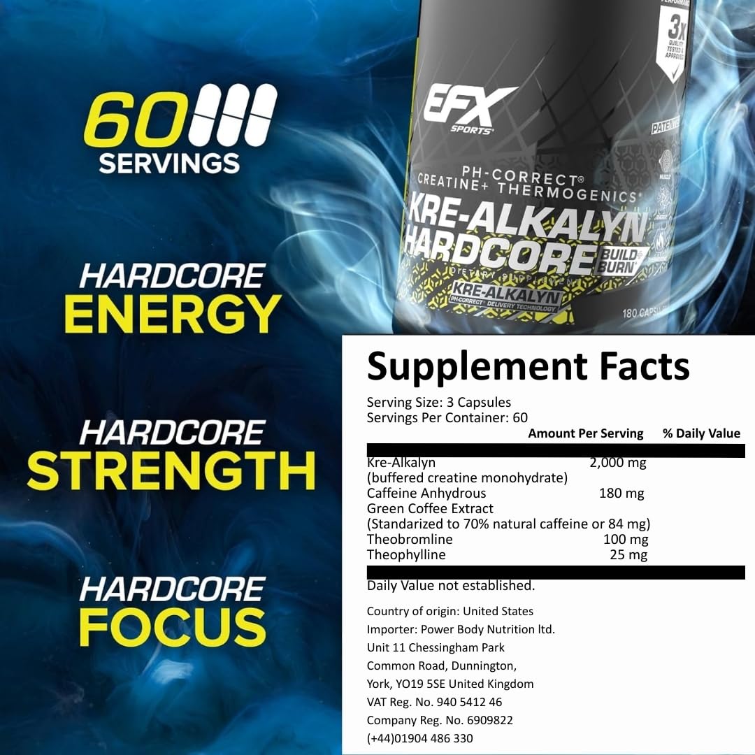 All American EFX Kre Alkalyn Hardcore | Build Muscle & Enhance Performance | Thermogenic pH Correct Creatine Monohydrate Pill Supplement (120 Pills)