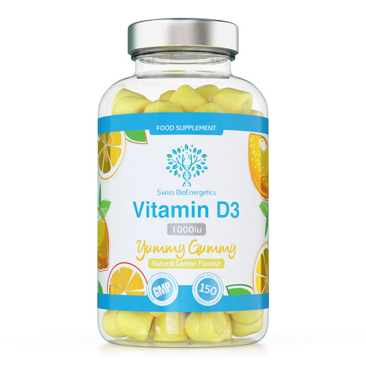 swiss bioenergetics Vitamin D3 Gummies 25µg 1000IU - 150 Natural Lemon Flavour Chewable Yummy Gummies - 5 Month Supply - Made in The UK