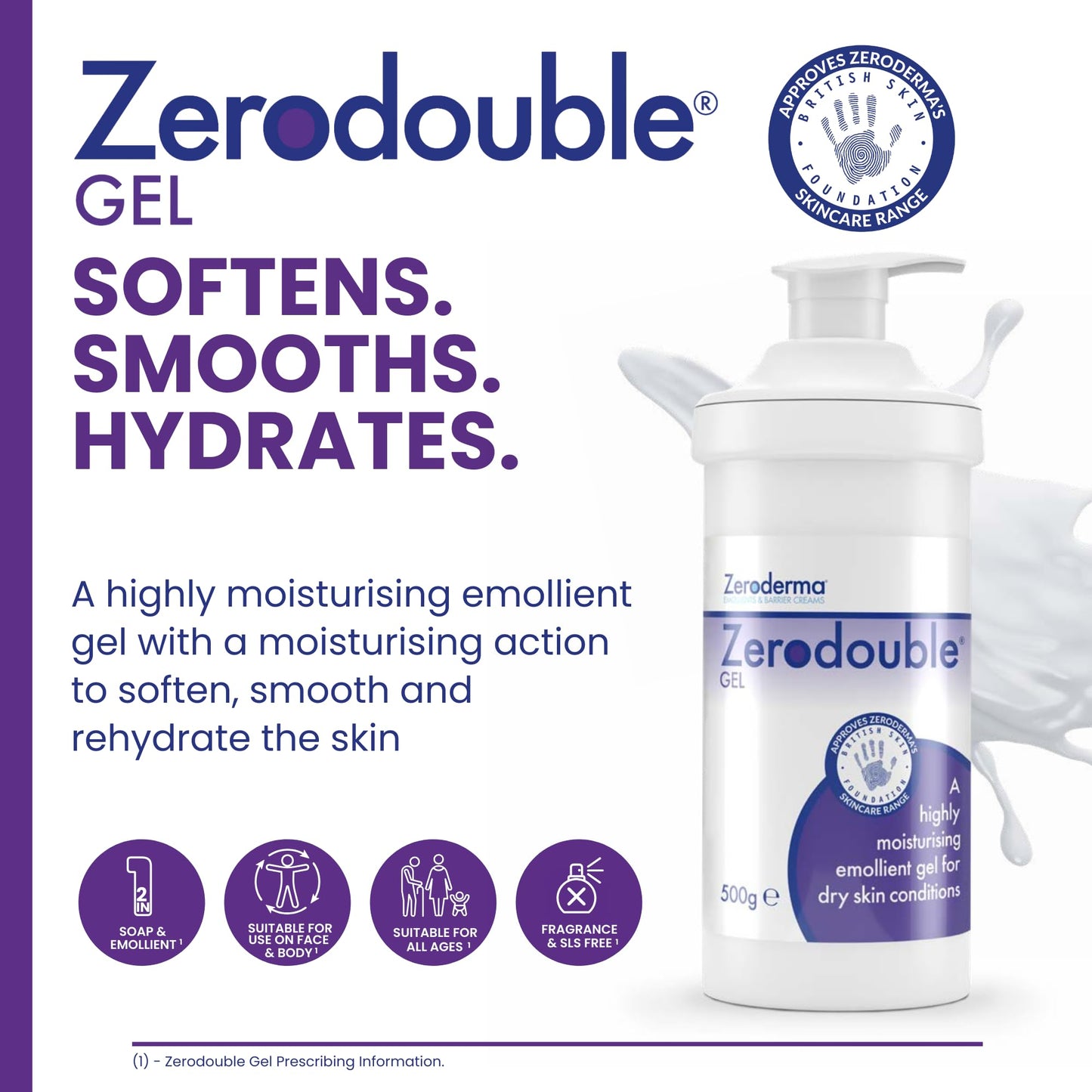 Zeroderma Zerodouble Gel, 2-in-1 Moisturiser & Soap Substitute, Highly Moisturising Gel for Dry Skin Conditions such as Eczema, Psoriasis & other Dry Skin Conditions. 500g