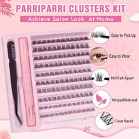 Parriparri Cluster Lashes Kit Clear Band 120Pcs Individual Lashes with Bond and Seal and Lash Extension Applicator Natural Eyelash Extensions Kit False Eyelashes DIY at Home (8-16MM MIX)