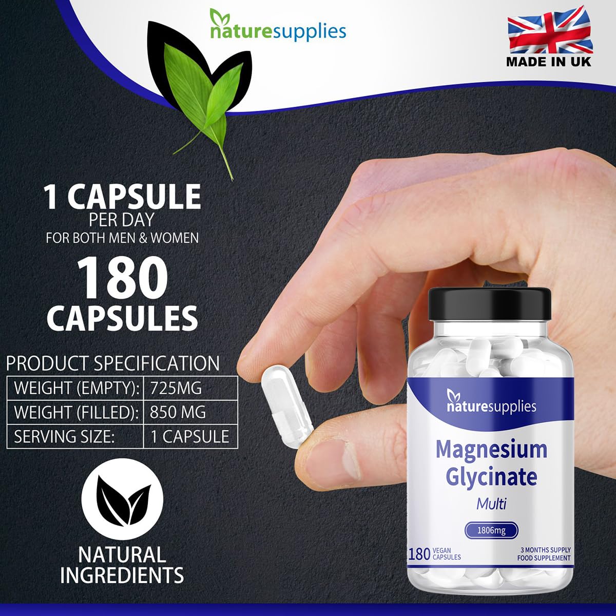 naturesupplies Magnesium Glycinate Supplements 180 Capsules 1806mg - High Absorption 4 Magnesium Powders in One Capsule, Citrate, Malate, Ascorbate & Glycinate - Naturesupplies…