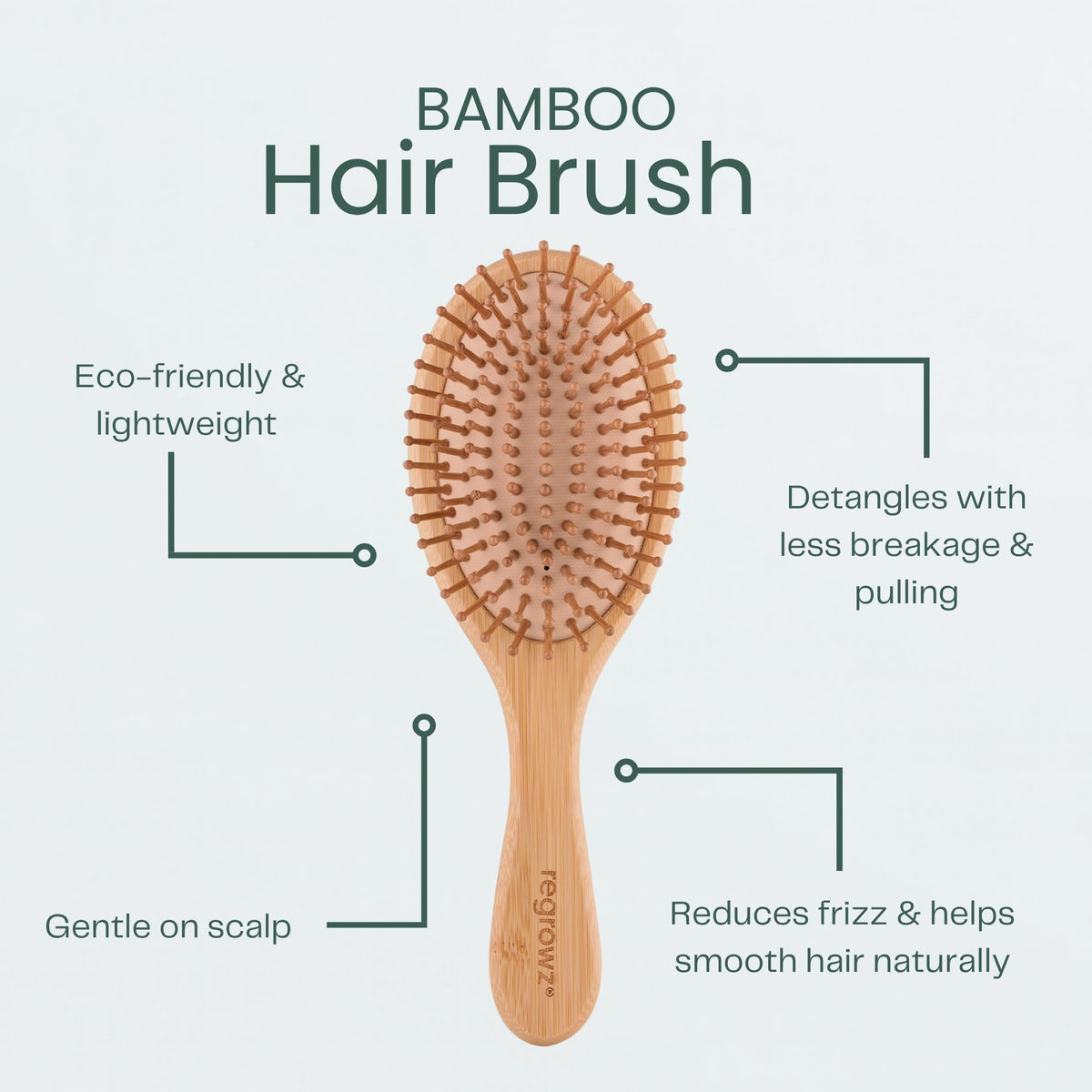 Bamboo Hair Brush by Regrowz – Detangles & Eliminates Knots – Wooden Brush for Thick & Thin Hair – Anti-Breakage with Round Natural Bristles - Versatile & Durable - Wooden Hair Brush For Women & Men