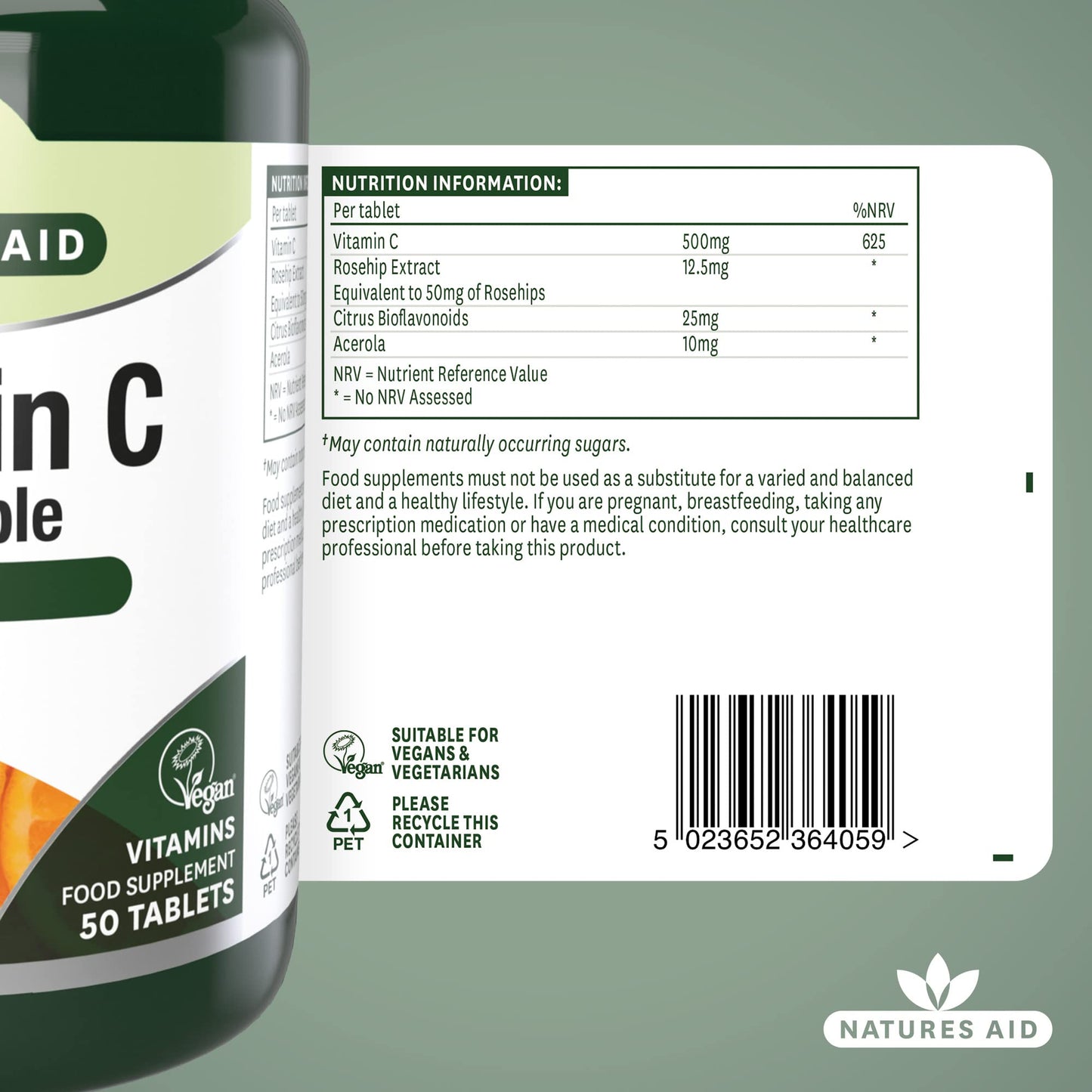 natures aid Natures Aid Chewable Vitamin C 500 mg, Sugar Free, Suitable for Vegans, 50 Tablets