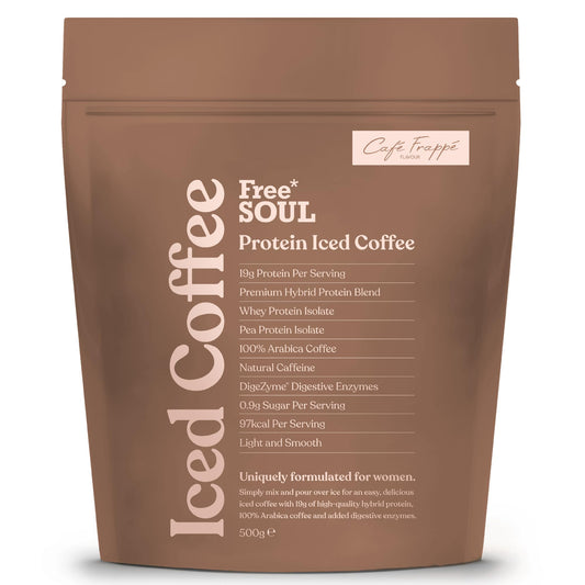 Protein Iced Coffee | 19g Protein & 80mg Caffeine per Serving | Only 97Kcal | Low Calorie + High Protein | Whey Protein & Pea Protein Isolate Blend + Digestive Enzymes | Café Frappé | Free Soul