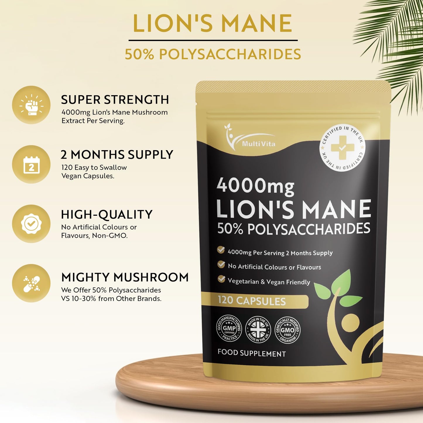 Multivita Lion's Mane Mushroom Extract 4000mg - 120 High Strength Vegan Capsules, 2 Months Supply - Brain and Focus Supplement for Better Cognitive Health - (Not Powder or Tablets) UK Made GMO Free