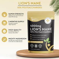 Multivita Lion's Mane Mushroom Extract 4000mg - 120 High Strength Vegan Capsules, 2 Months Supply - Brain and Focus Supplement for Better Cognitive Health - (Not Powder or Tablets) UK Made GMO Free