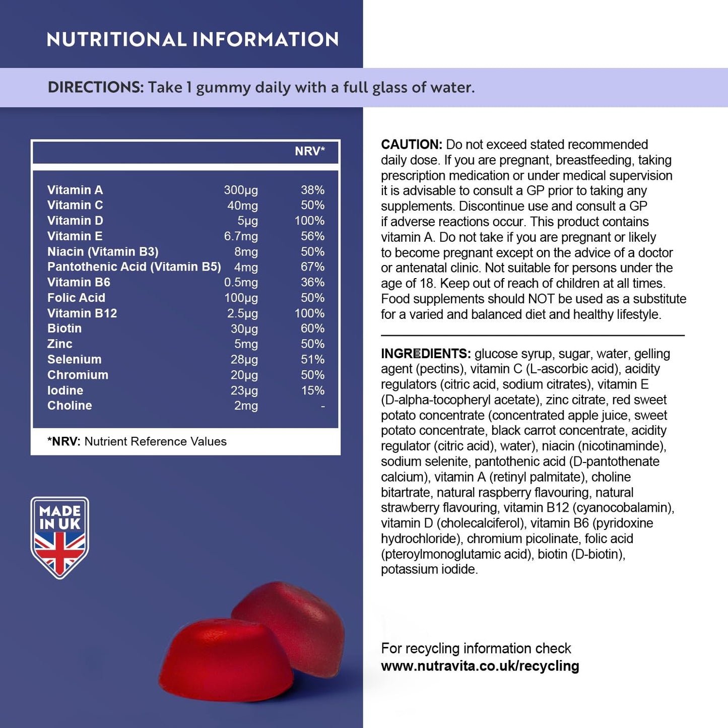 Multivitamin Gummies for Women and Men - 120 Vegan Gummies (4 Month Supply) - 14 Essential Vitamins & Minerals - Vitamin C A D B12 Biotin Zinc - Berry Flavour Chewable Adult Multi Vitamins - Nutravita