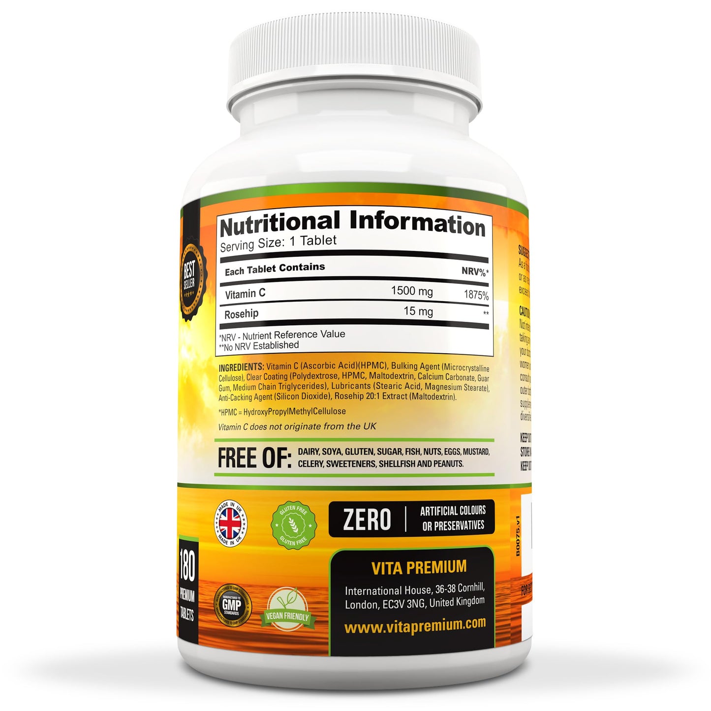 VitaPremium Vitamin C 1500mg per Tablet, High Strength 180 Vegan Tablets, Food Supplement, 6 Month Supply - Made in UK