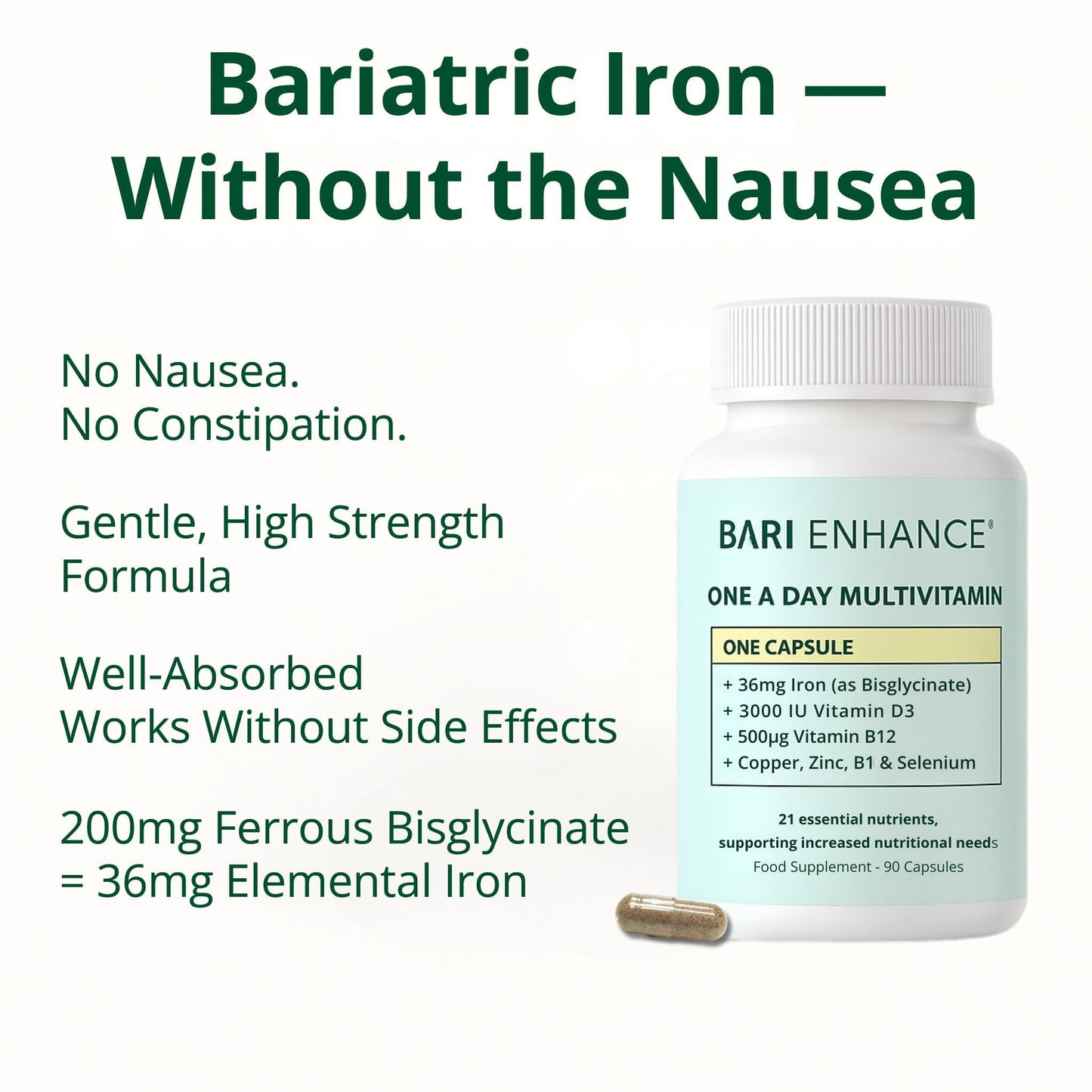 Bari Enhance 3 Month Supply - Bariatric Multivitamin with Iron 36mg | One A Day Bariatric Vitamins for Gastric Bypass and Gastric Sleeve | ADEK Vitamins Bariatric Vitamin D and B12 | 90 Easy to Swallow Capsules