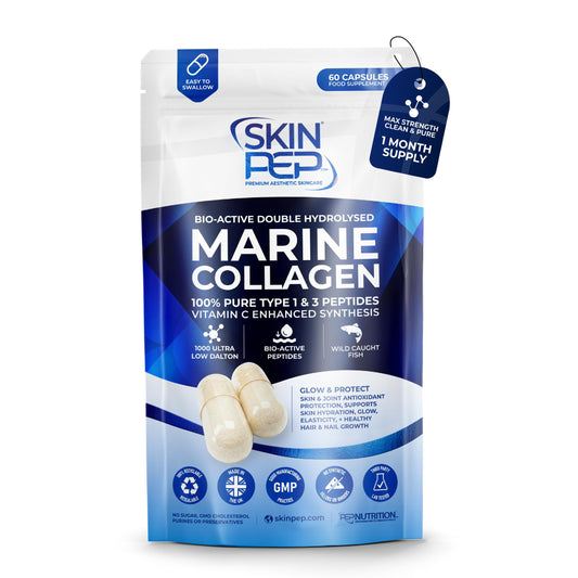 Pure Marine Collagen Supplements for Women & Men - SkinPep (60 Capsules) | 1270mg | 1 Month Supply | 1000 Dalton Bioactive Triple Filtered | Type 1 & 3 Hydrolysed Fish Collagen Peptides + Vitamin C
