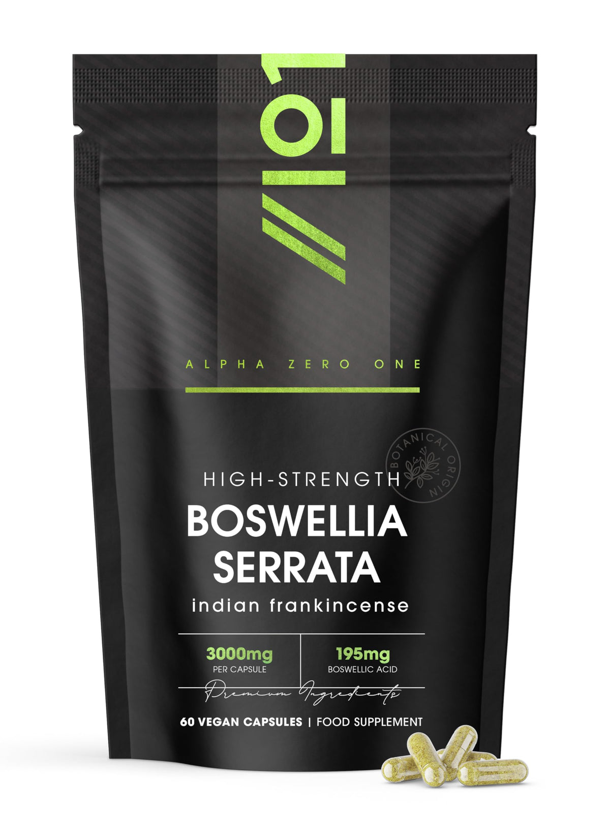 ALPHA01 Boswellia Serrata Extract 3000mg – 65% Boswellic Acid (150mg per Capsule) - 60 Capsules (2 Months Supply) – Resealable and Recyclable Pouch by Alpha01