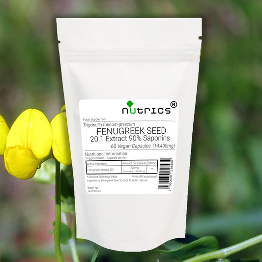 Nutrics® 14400mg Fenugreek Extract V Capsules- 20:1 90% Saponins Strong Extract- Suitable for Vegan Vegetarian Halal & Kosher Diet- 60 Capsules (2 Month Supply)