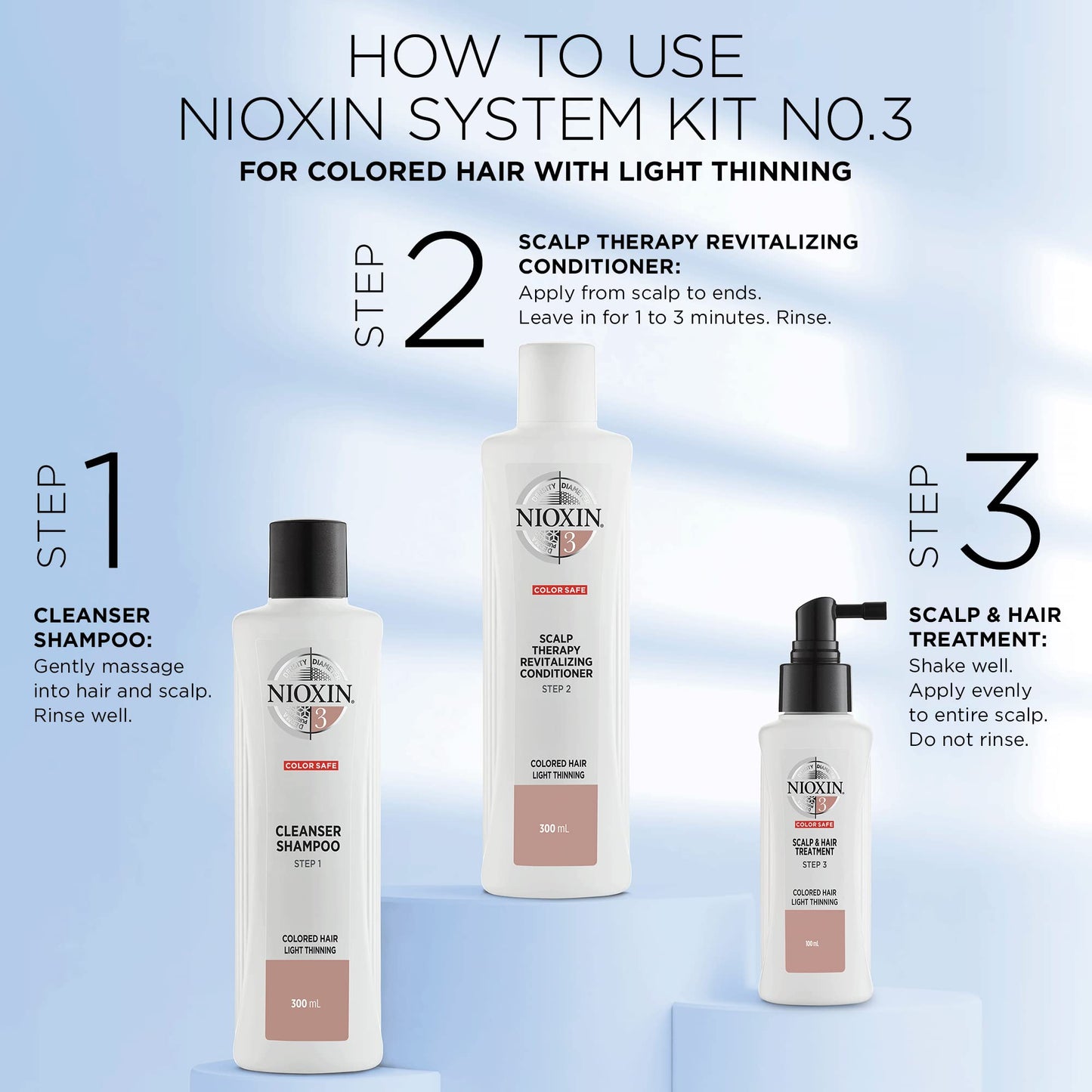 Nioxin 3-Part System | System 3 | Coloured Hair with Light Thinning Hair Treatment | Scalp Therapy | Hair Thickening Treatment | Trial Kit