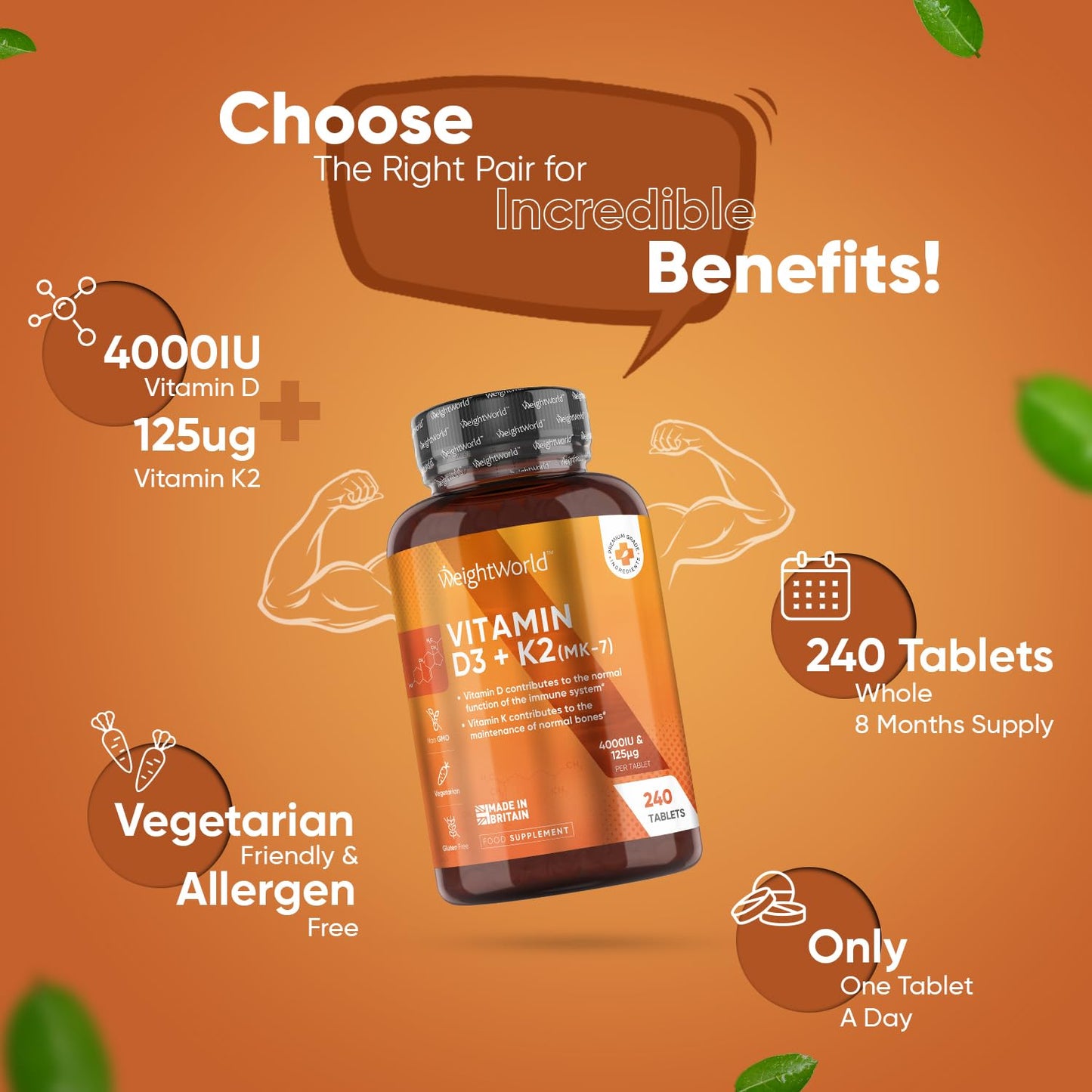 Vitamin D3 4000iu & Vitamin K2 125ug (MK7) | 240 Vitamin D3 K2 Vegetarian Tablets | 8 Month Supply | High Strength D3 and K2 Vitamin | Vitamin D K2 for Bone, Teeth, Muscle Function & Immune System