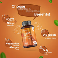 Vitamin D3 4000iu & Vitamin K2 125ug (MK7) | 240 Vitamin D3 K2 Vegetarian Tablets | 8 Month Supply | High Strength D3 and K2 Vitamin | Vitamin D K2 for Bone, Teeth, Muscle Function & Immune System
