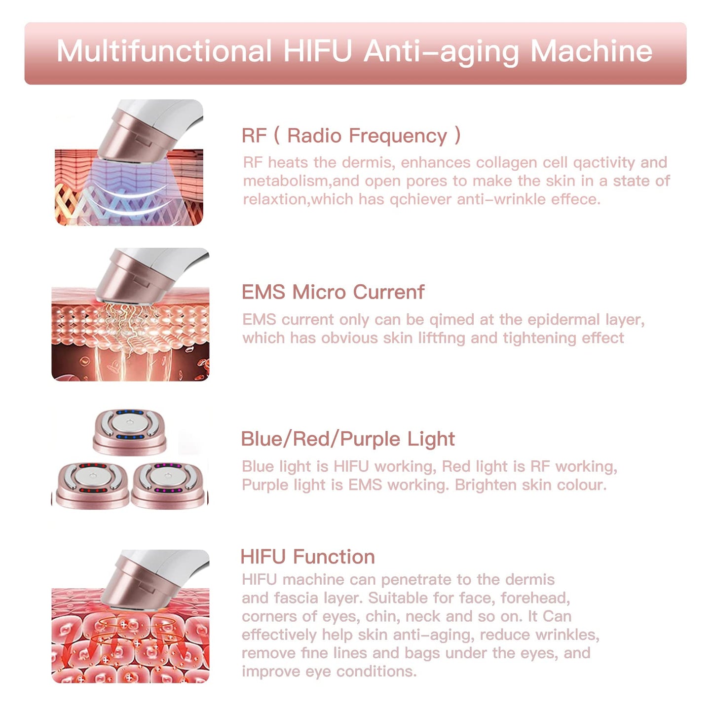 Glomeve Hifu Machine for Face Portable Antiaging Mini Hifu Face Device Heated Up Pro 3 in 1 With HIFU RF EMS Facial Machine Women Neck Chin Eyes