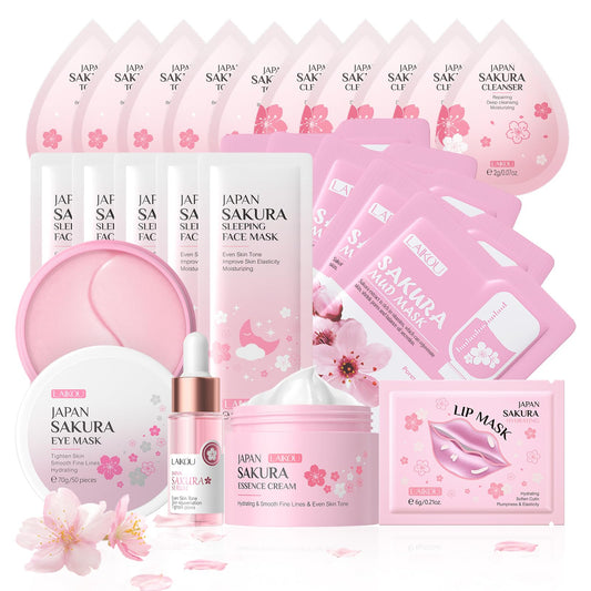 LAIKOU Skin Care for Teenage Girls, Sakura Skincare Set, Pamper Sets for Women Gifts, Facial Skin Care Sets & Kits - Toner,Cleanser,Face Serum,Cream,Sleep Mask,Eye Mask,Mud Mask,Lip Mask, 24PCS