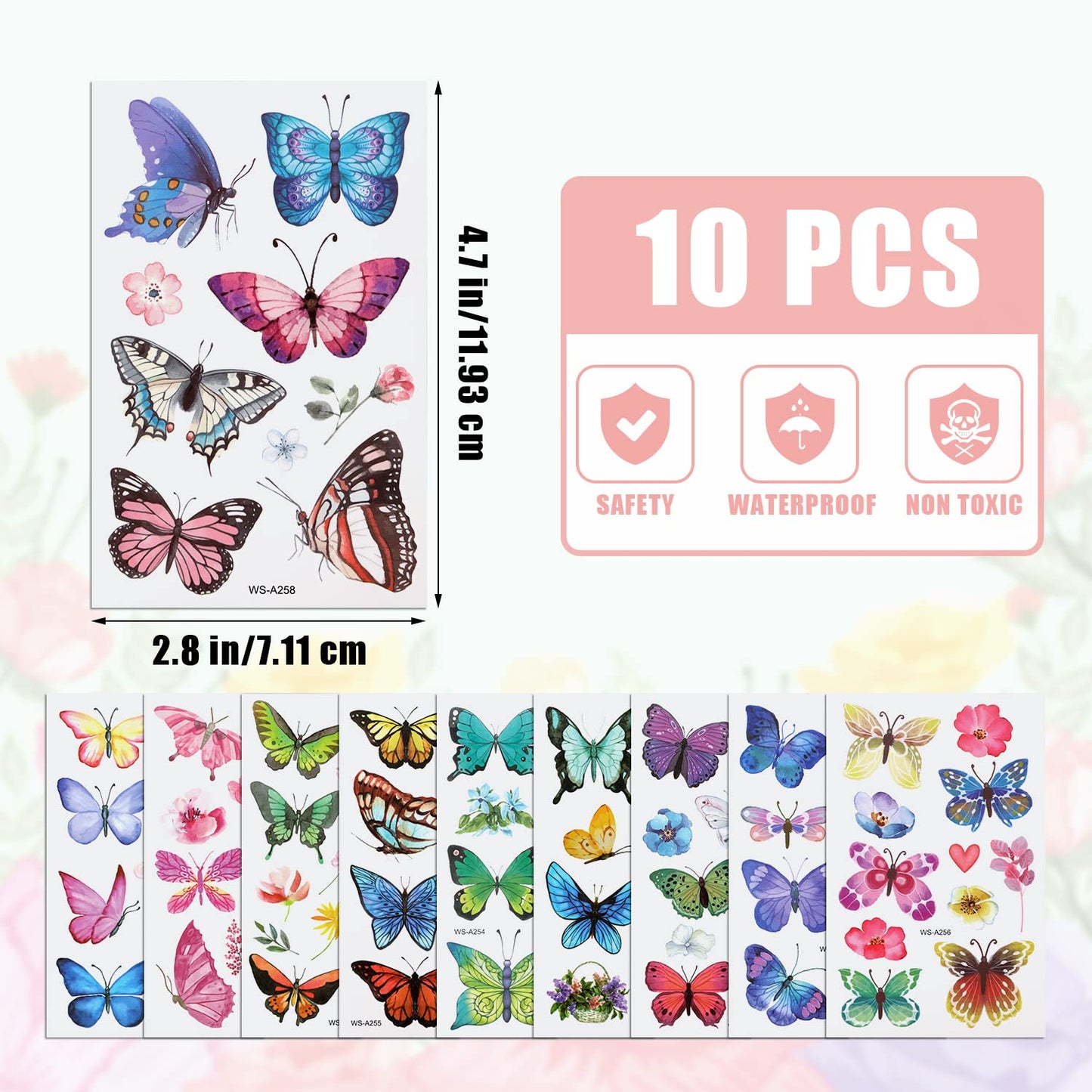TOYMIS 100pcs Temporary Butterfly Tattoos, Colorful Small Butterfly Flowers Tattoo Stickers Waterproof Cute Small Tattoos for Adults Kids Face Body Birthday Party Carnival