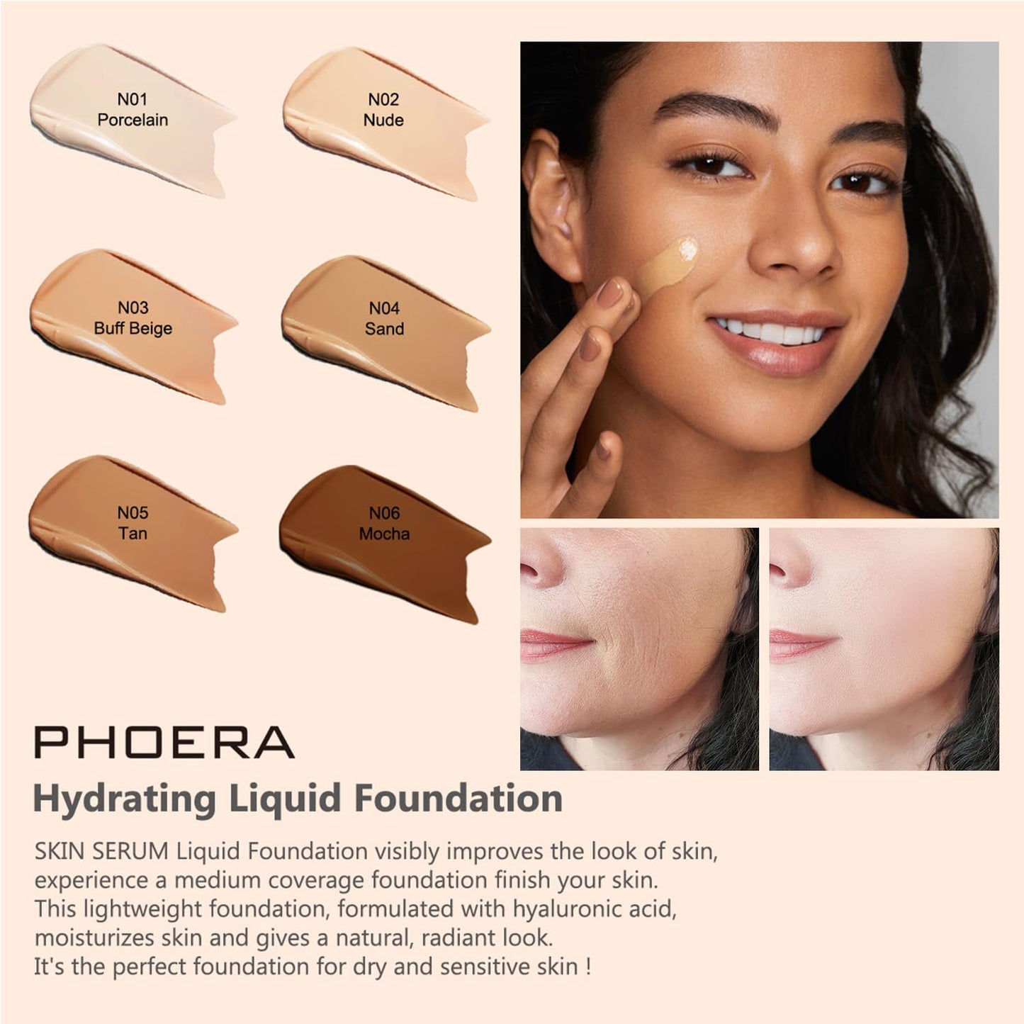 Hilareco PHOERA Tinted Moisturizer Foundation Serum, 4-in-1 Hydrating, Primer, & Foundation, Hydrate skin Serum, PHOERA Foundation Makeup Full Coverage (103+N02/Warm Peach+ Nude)
